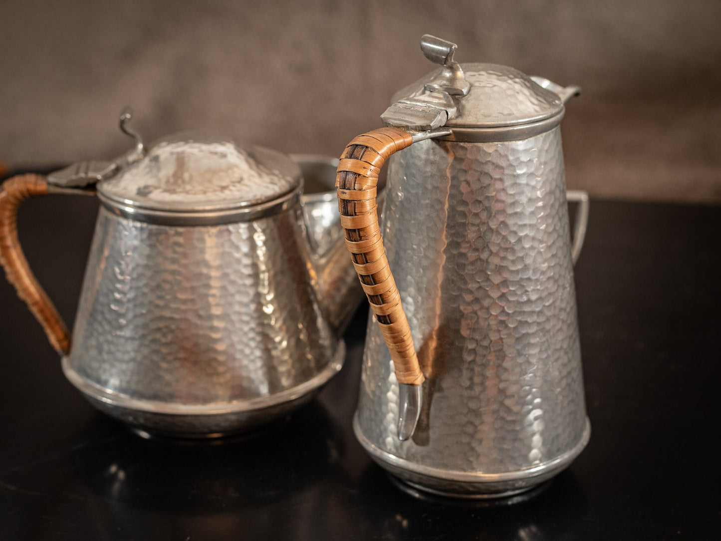 Stunning vintage Craftsman Pewter, 4 piece coffee set, coffee pot, hot water pot, cream jug and sugar bowl, with Ratten handles, circa 1930s