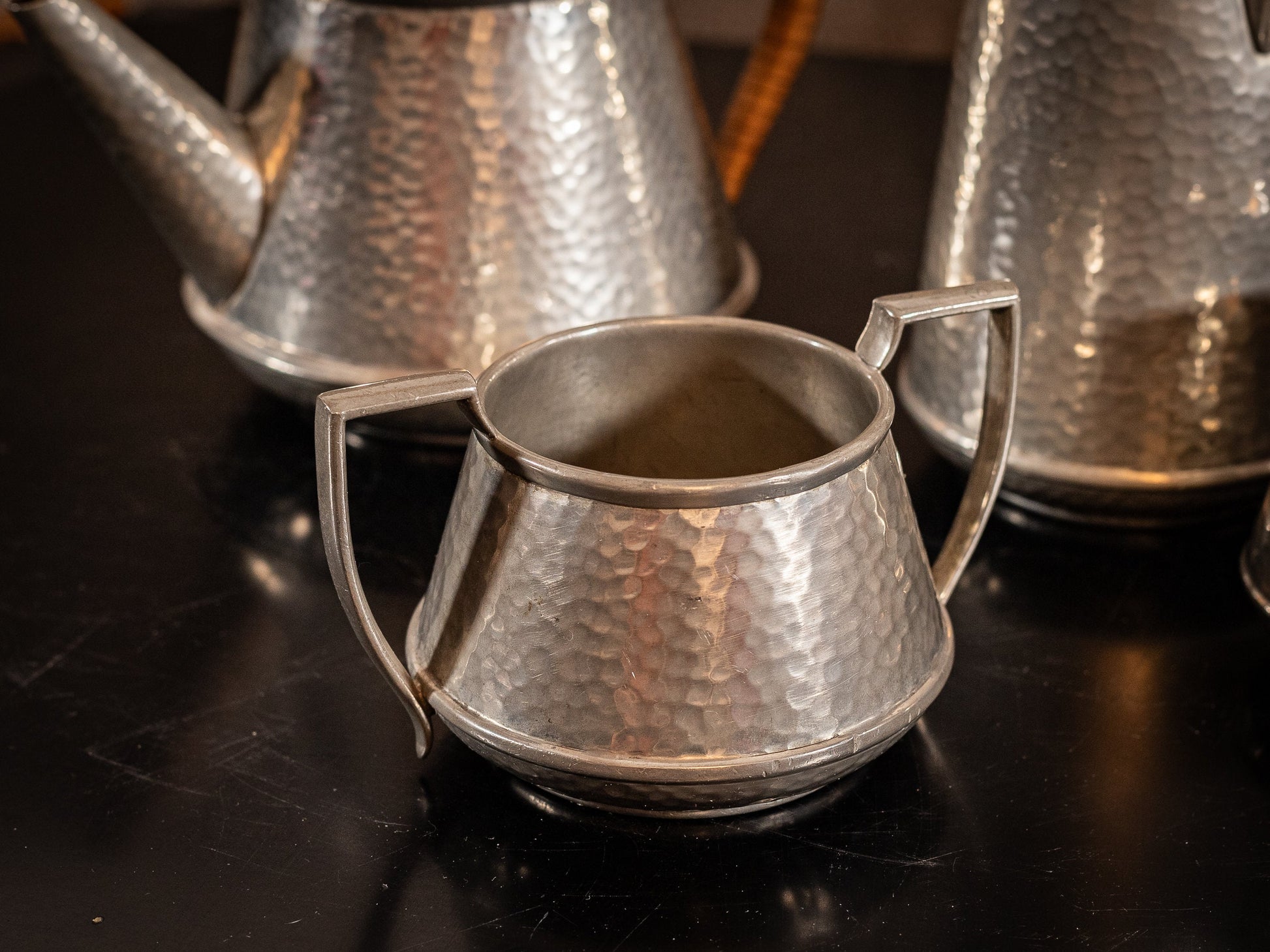 Stunning vintage Craftsman Pewter, 4 piece coffee set, coffee pot, hot water pot, cream jug and sugar bowl, with Ratten handles, circa 1930s