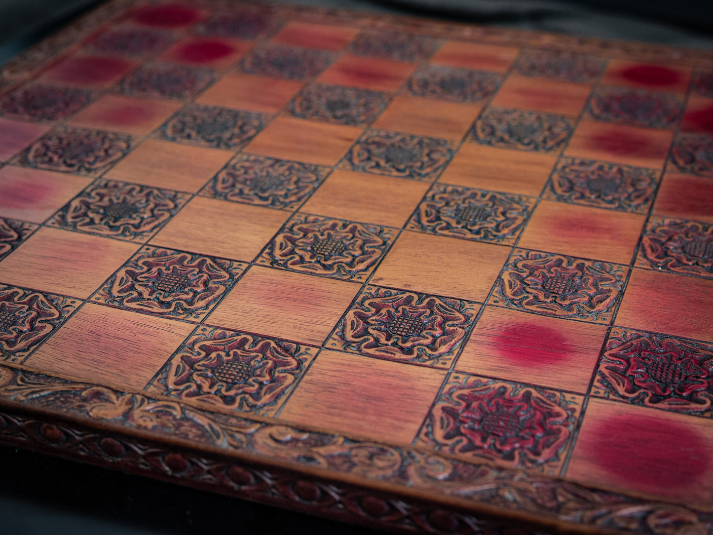 Vintage large, carved, faux wood, chess board, with York Tudor Rose motif.