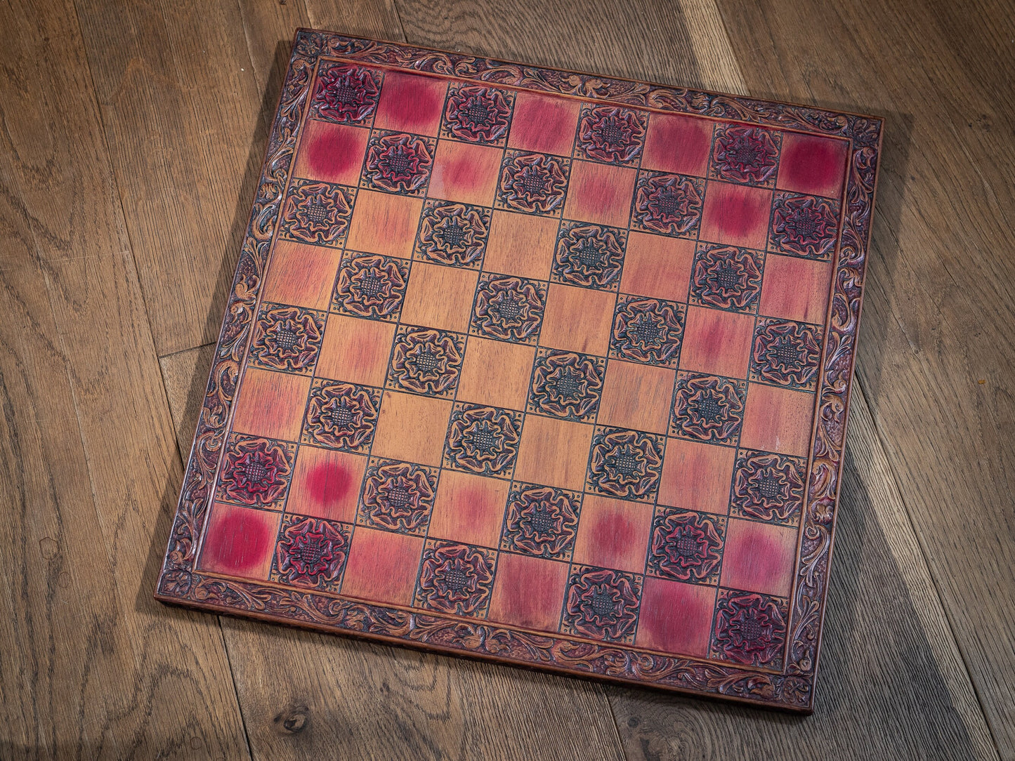 Vintage large, carved, faux wood, chess board, with York Tudor Rose motif.