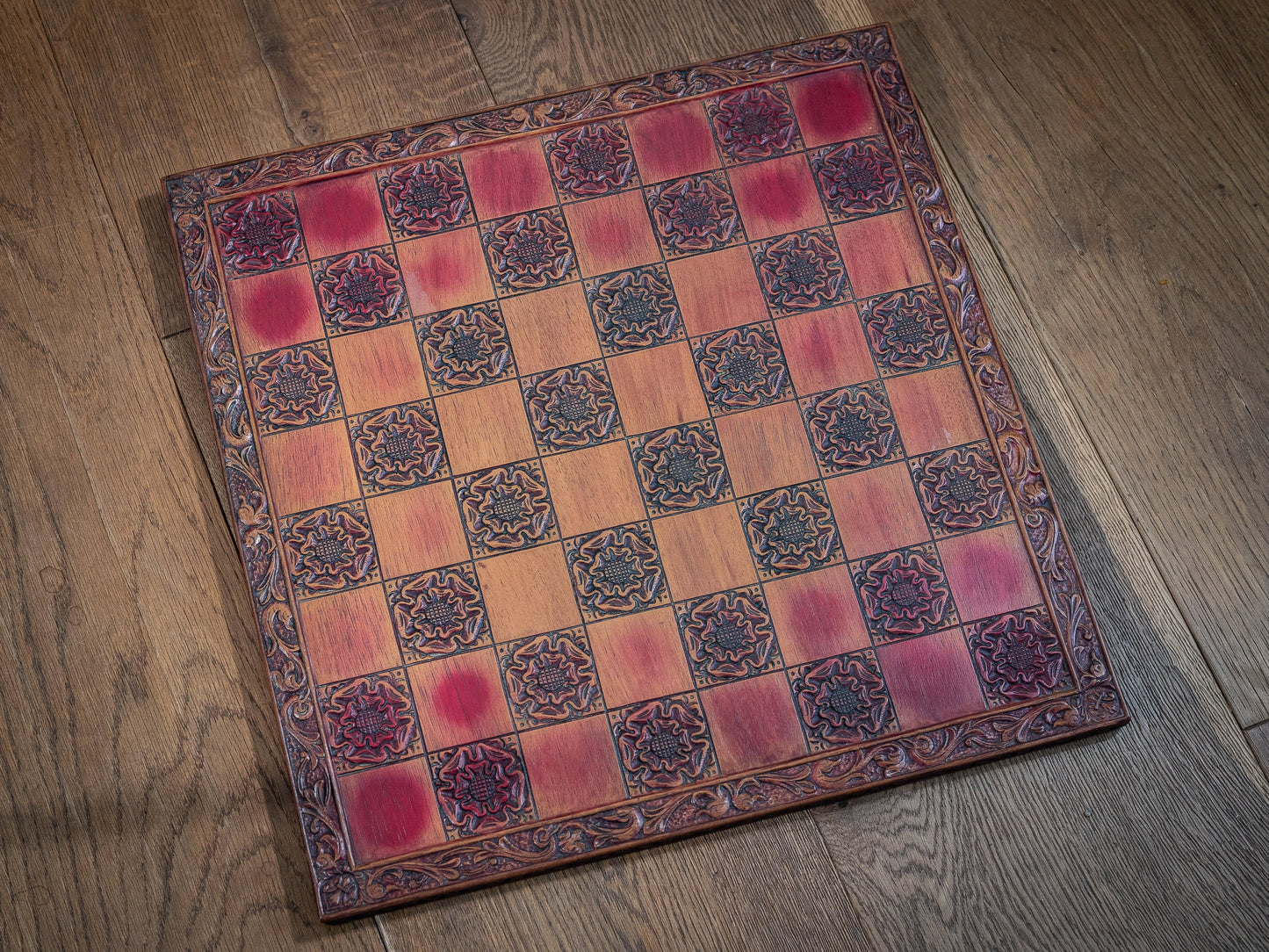 Vintage large, carved, faux wood, chess board, with York Tudor Rose motif.