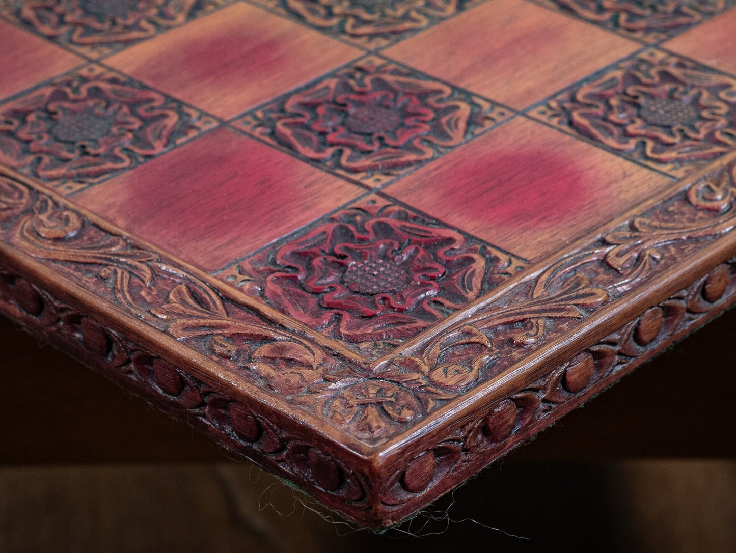 Vintage large, carved, faux wood, chess board, with York Tudor Rose motif.