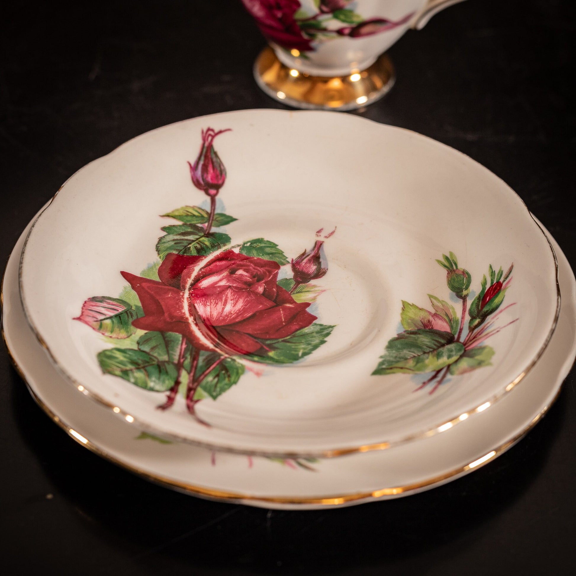 Stunning Vintage Paragon China trio, in the 'Authentic World Famous Wheatcroft Roses - Grand Gala, by Henry Wheatcroft'