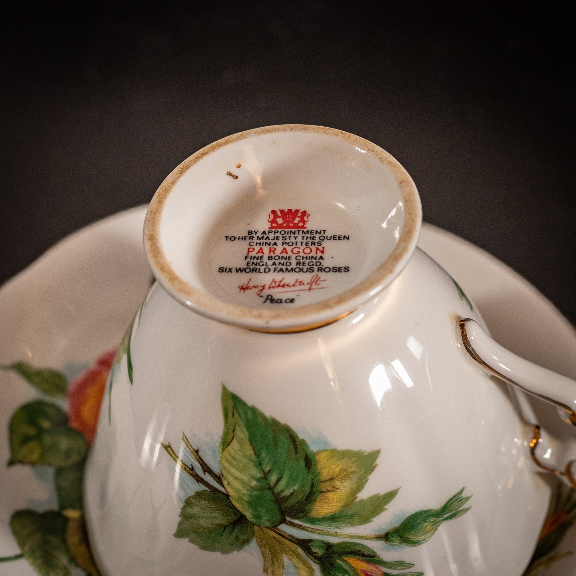 Stunning Vintage Paragon China trio, in the 'Authentic World Famous Wheatcroft Roses - Peace and Mme Ch Sauvage, by Henry Wheatcroft'