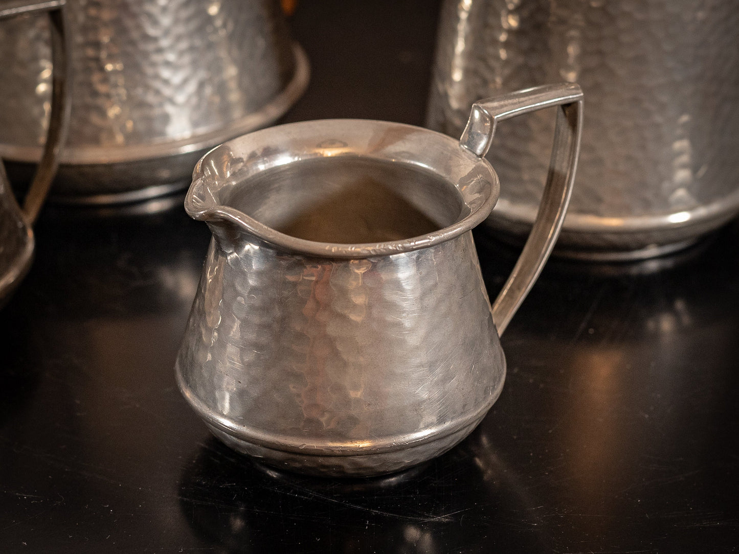 Stunning vintage Craftsman Pewter, 4 piece coffee set, coffee pot, hot water pot, cream jug and sugar bowl, with Ratten handles, circa 1930s