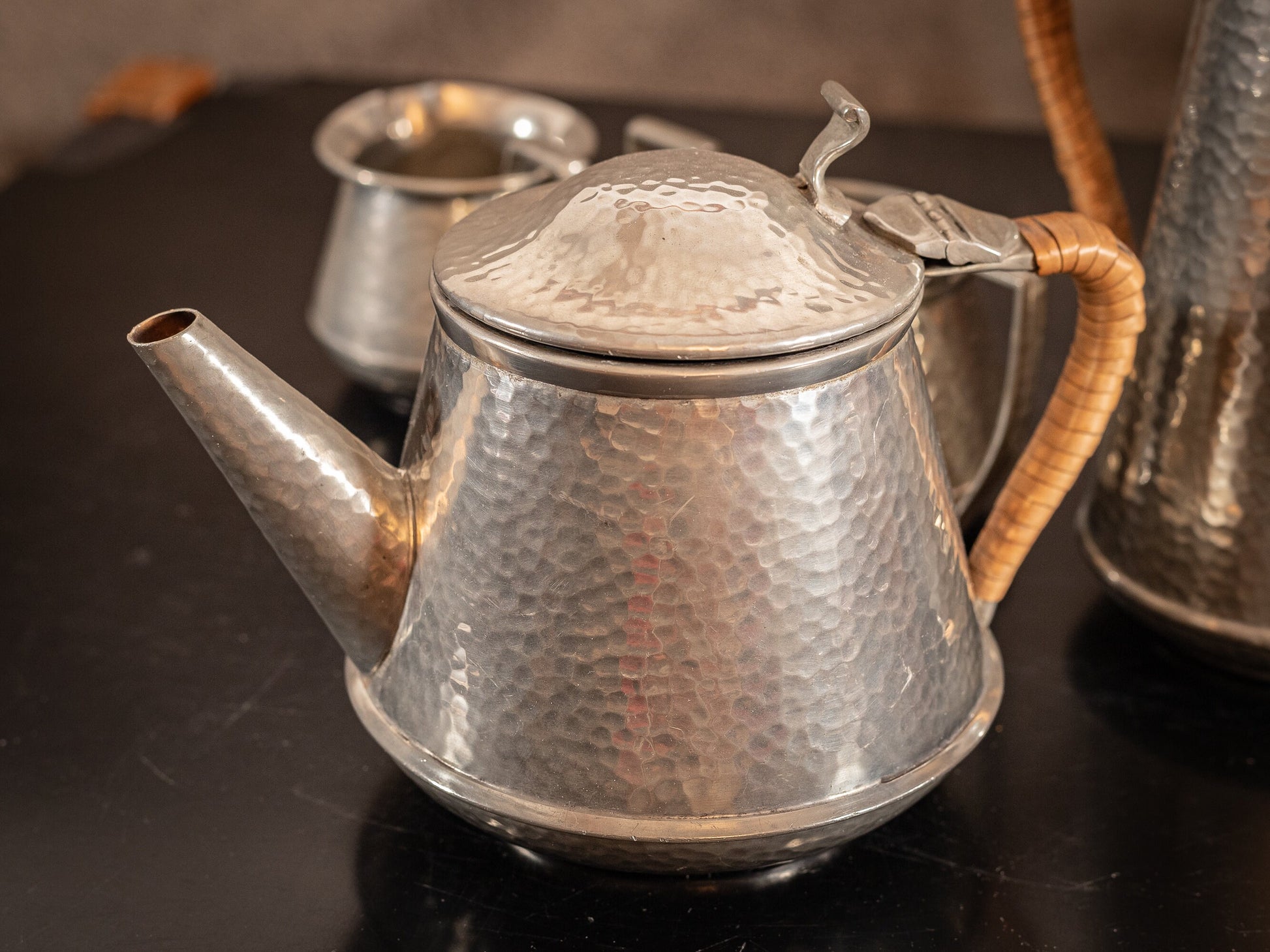 Stunning vintage Craftsman Pewter, 4 piece coffee set, coffee pot, hot water pot, cream jug and sugar bowl, with Ratten handles, circa 1930s